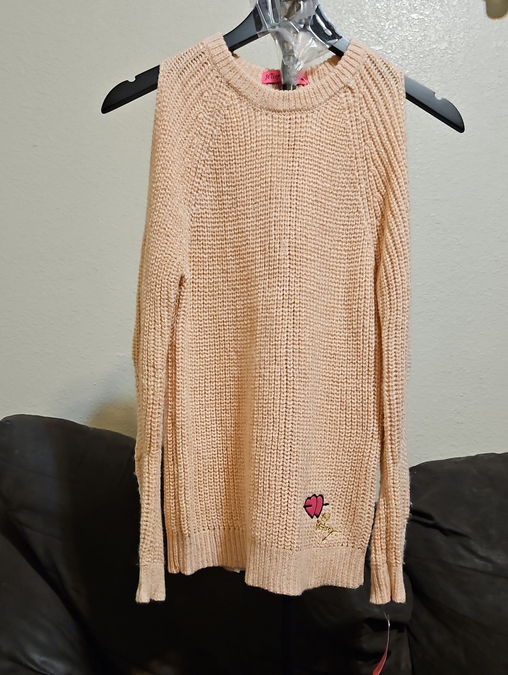 Betsey Johnson Cold Shoulder Peach Sweater with Heart Detail And Cold Accents